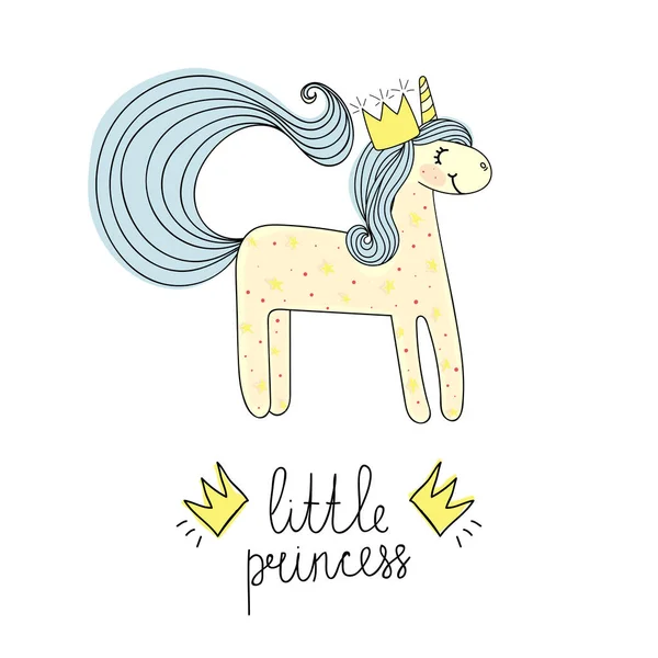 Meddelande Lilla prinsessa wih unicorn. Hand ritad skiss. Mode patch, print. — Stock vektor