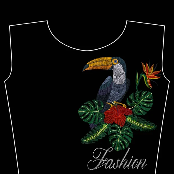 Embroidery toucan with tropical flowers, fashion word, vector illustration for girls dress, woman t-shirt, design apparel, vintage graphic stitch, modern style. — Stock Vector