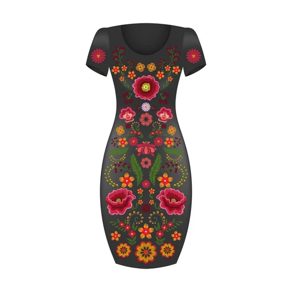 Modelo de vestido de moda com elementos de bordado floral . — Vetor de Stock