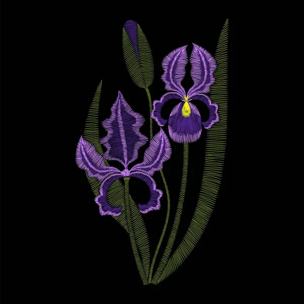 Iris kwiatów hafty ilustracja moda wektor — Wektor stockowy