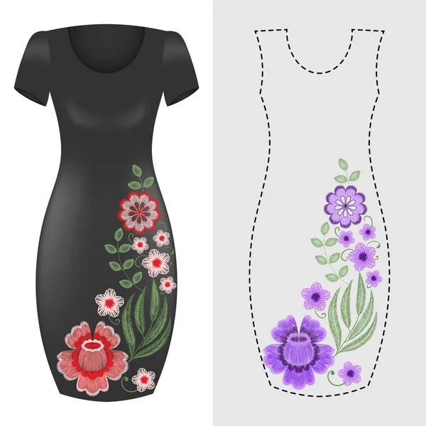 Мода платья шаблон розовый синий цветочный вышивка — стоковый вектор