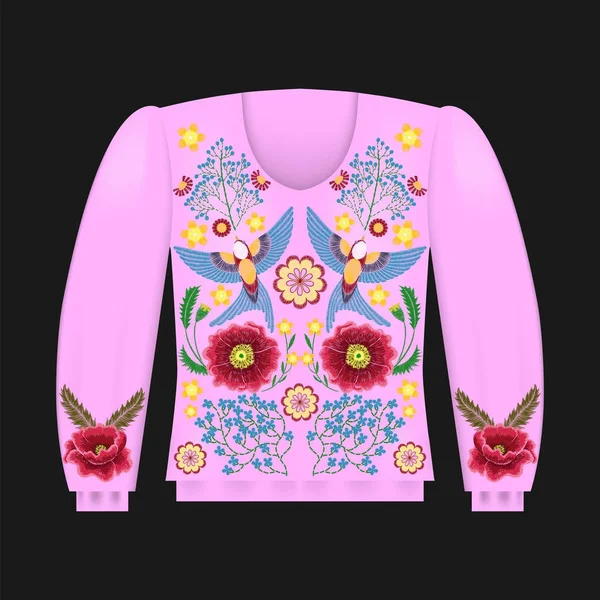 Modelo de camisola rosa com pássaros engolir, bordado floral, flores bordadas moda. Elementos de design vintage . — Vetor de Stock
