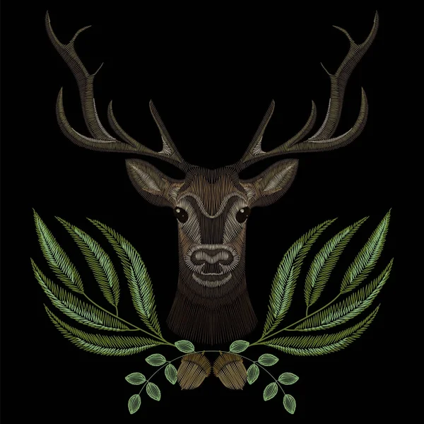 Visage de cerf forestier avec couronne de geen, broderie pour le design de mode. Patch brodé . — Image vectorielle