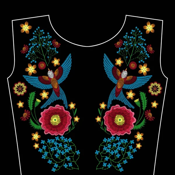 Bordado flores pájaros para el escote. Adorno de moda vectorial sobre fondo negro para textiles, decoración popular tradicional de tela . Gráficos Vectoriales