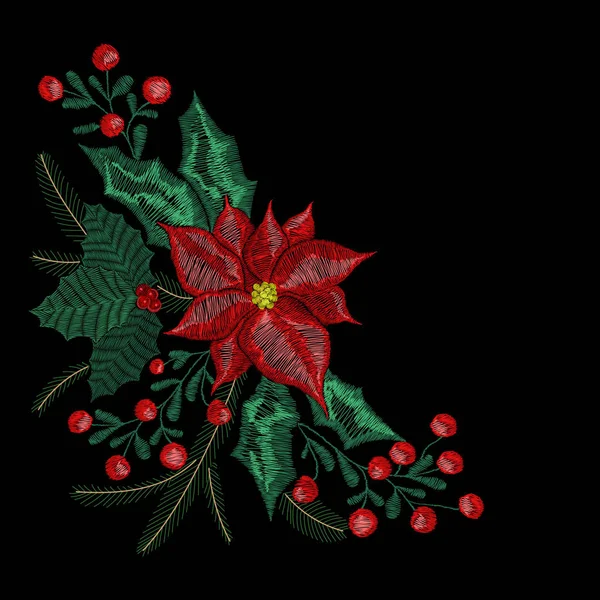 Χριστουγεννιάτικο κέντημα έμπλαστρο, στεφάνι με λουλούδια, δέντρο, γκι, jingle bells φυτά μοτίβο για το νέο έτος διακόσμηση. — Διανυσματικό Αρχείο