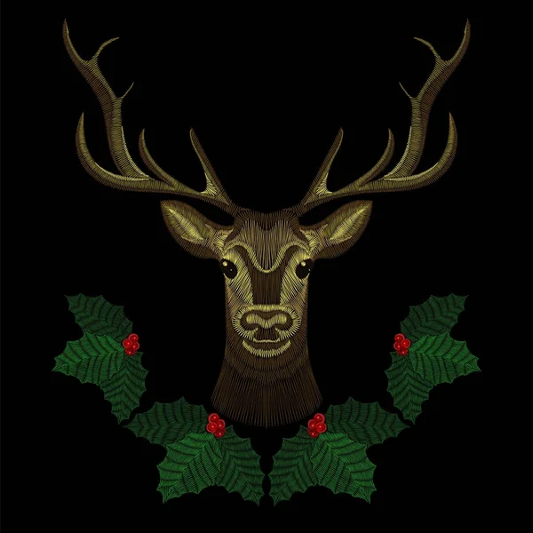 Vyšívací cute jelen tvář vánoční jmelí věnec, roh jelen za módní design nošení. Vyšívané patch. — Stockový vektor
