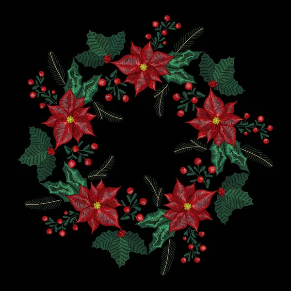 Weihnachtsstickaufnäher, Mistelkranz, Blumen, Baum, Glockenblumen Pflanzen zur Dekoration für das neue Jahr. — Stockvektor