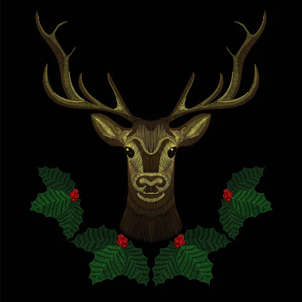 Ricamo viso di cervo carino con ghirlanda di vischio di Natale, corno-cervo per il design della moda che indossa. Cerotto ricamato . Vettoriale Stock
