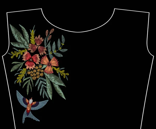 Trague bordado con flores, bayas, plantas. Parche para escote de moda, patrón para la decoración de ropa Vector De Stock