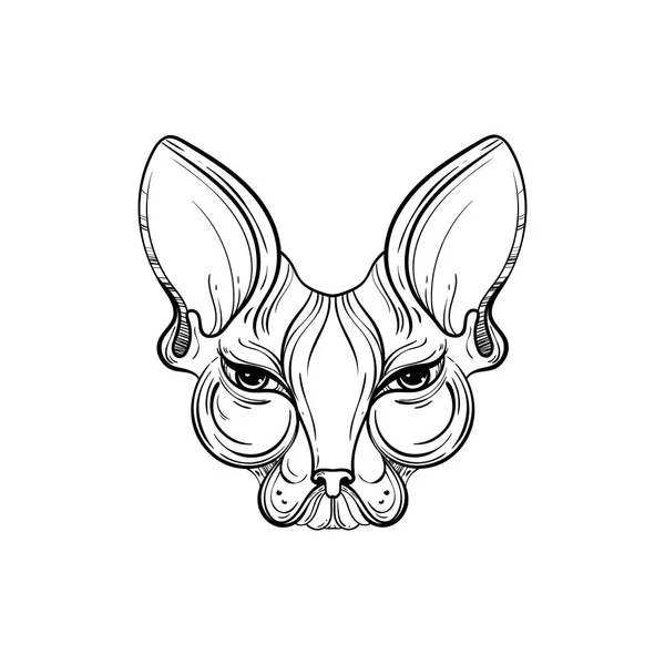Illustrazione vettoriale della faccia di gatto Sphynx. Modello di tatuaggio in stile grafico monocromatico. Design mascotte vintage . — Vettoriale Stock