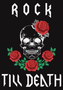 Kaya kadar ölüm türü moda grafik tasarım t-shirt giyim konfeksiyon dekorasyon için kafatası ve gül vektör çizim ile.
