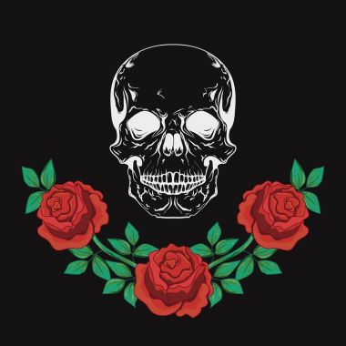 Grafik tasarım t-shirt, moda giyim, giyim dekorasyon için kafatası ve gül vektör çizim ile.