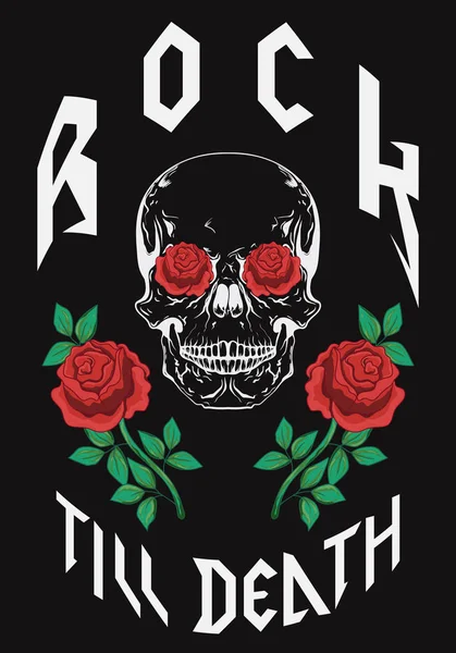 Rock até a morte tipo design de moda com crânio rosas vetor ilustração para t-shirt roupas vestuário decoração —  Vetores de Stock