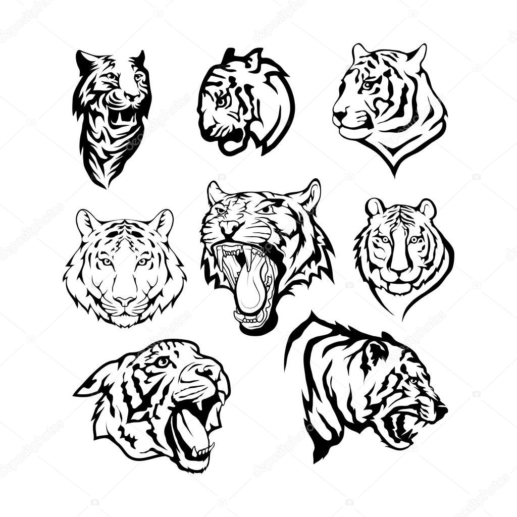 Tigers set, isolated on white background