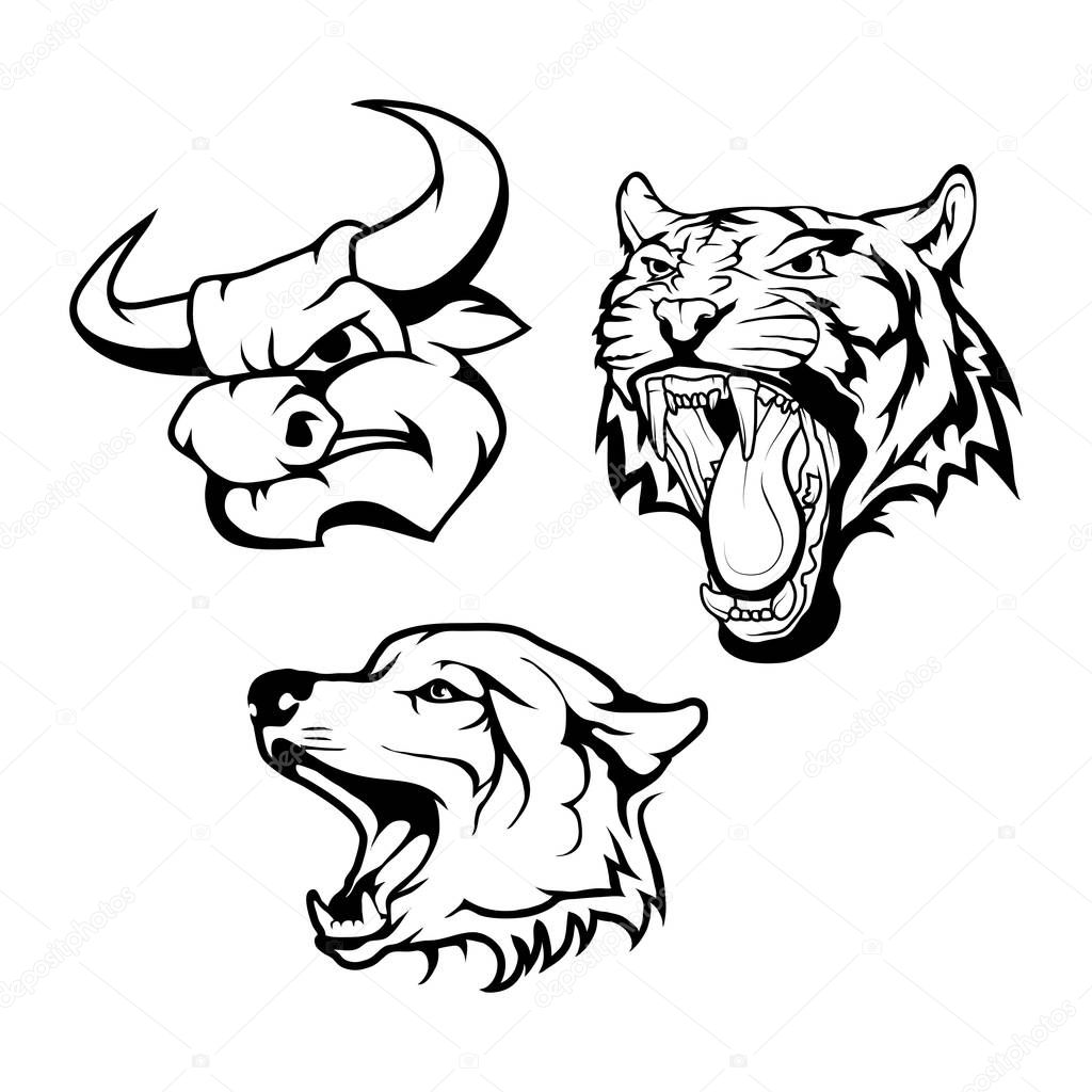 Set of heads of bull, wolf and tiger logos on white background. Vector illustration