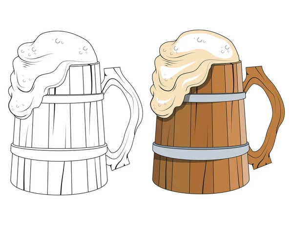 Дерев'яна чашка пива з піною — стоковий вектор