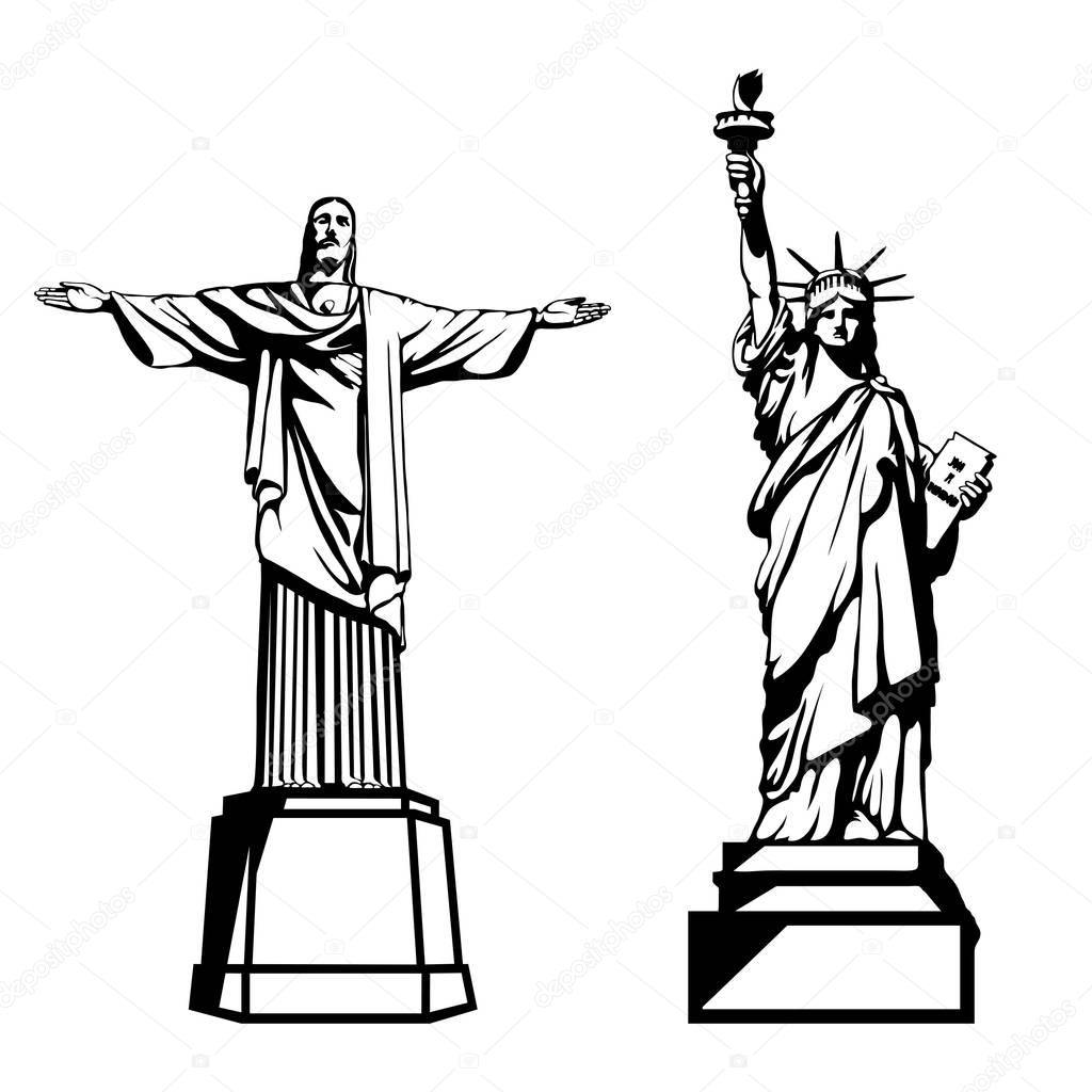 Cristo Redentor illustration in Brazil and Statue of Liberty in New York