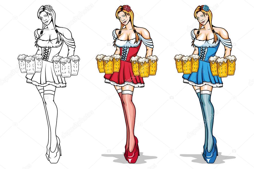 Oktoberfest Logo. Cartoon girl with a glasses of beer in hands. Pretty bavarian woman dressed in traditional costume.Young waitress isolated on white background.
