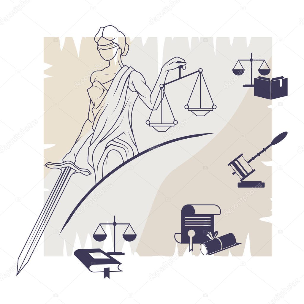 Flat linear long shadow icons of justice decorations and goddess. Themis on white background 