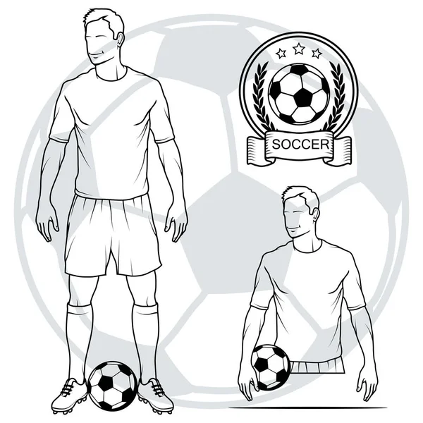 扁平的线性长阴影的男子持有球与刻字足球在白色背景孤立的图标 — 图库矢量图片