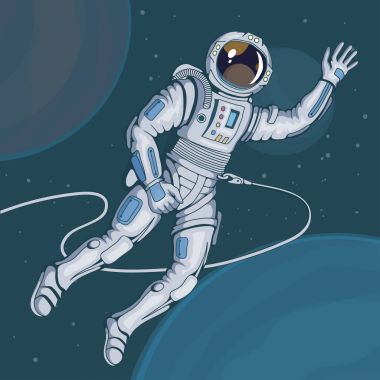 Kask ile astronot. Uzay giysisi içinde alan kozmonot. Astronot karakter vektör çizim.