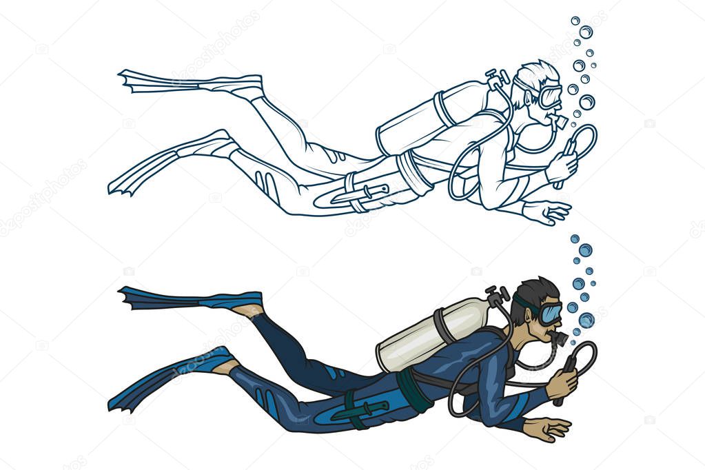 Scuba diving logo. Diver with scuba . Scuba-diving. Vector illustration of diver character.