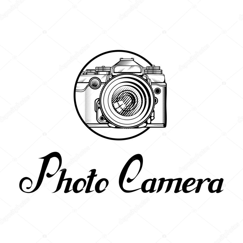 Retro Camera logo. Vintage Photocamera. Photo camera isolated on white background, vector illustration