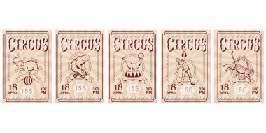 Set of Circus ticket. Carnival poster. Vintage circus show. Different circus animals. clipart