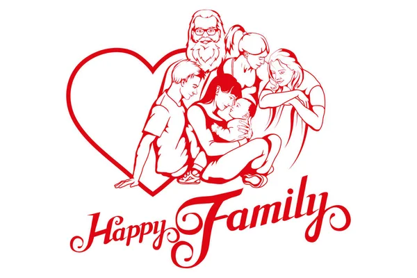 快乐的年轻家庭 田园般的家庭生活 家庭徽标在心脏 — 图库矢量图片