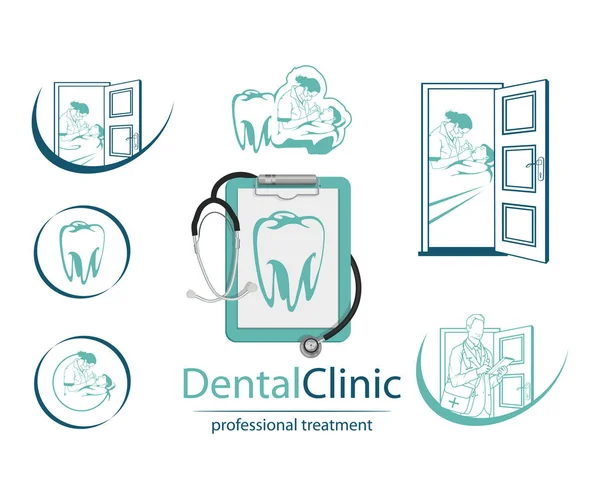 Farklı Stomatology Öğeleri Kümesi Diş Kliniği Logo Doktor Logo Tıbbi — Stok Vektör