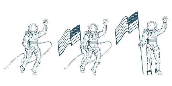 さまざまなポーズで宇宙飛行士のセットです 宇宙飛行士ヘルメット 宇宙服で宇宙飛行士 ベクトル宇宙飛行士文字 — ストックベクタ