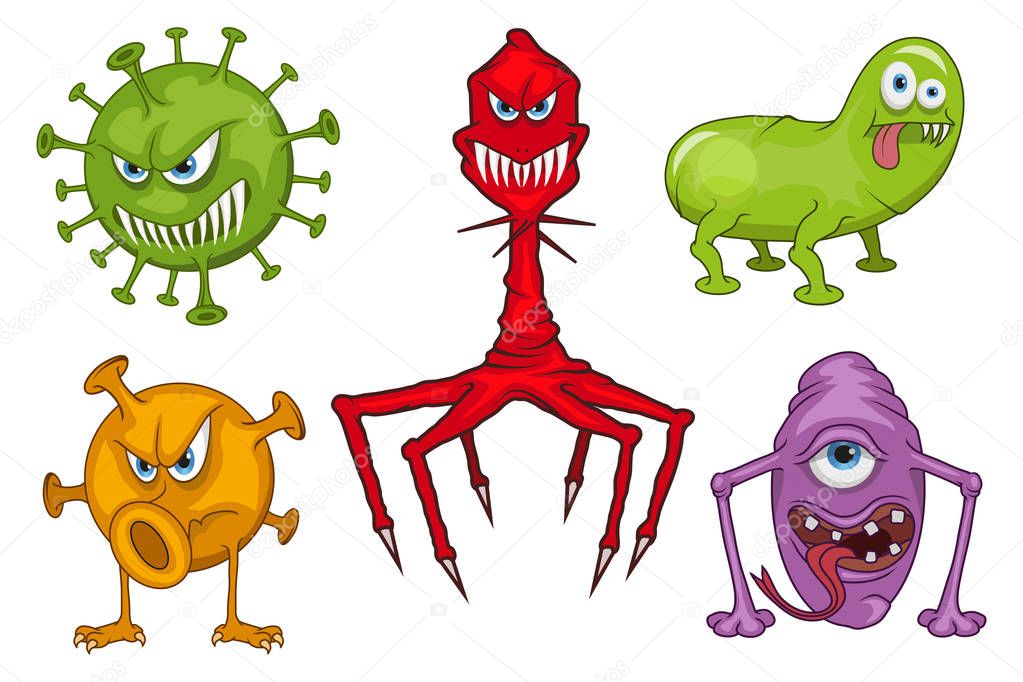 Set of different medical virus logo. Cartoon virus. Funny micro Virus. Cartoon bacteria character. Vector virus character.