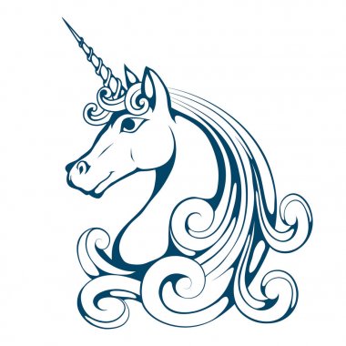 Tek boynuzlu at. Çizgi film tek boynuzlu at başı. Sihirli hayvan. Vektör grafik tasarım