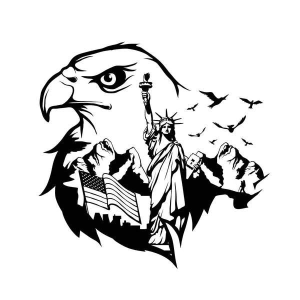 Kartal siluet özgürlük ve Amerikan bayrağı heykeli 