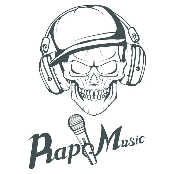 Rap Music Logo Rapper Lebka Bílém Pozadí Nápis Mikrofonem Vektorová — Stockový vektor