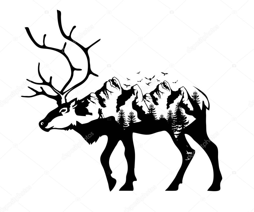 Wildlife for your design, double exposure of deer and mountains symbols . Vector graphics to design