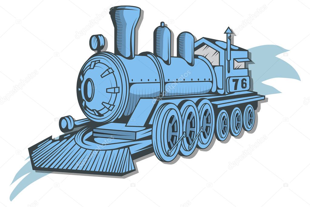 Old train logo. Locomotive drawing. Steam transport. Vector graphics to design