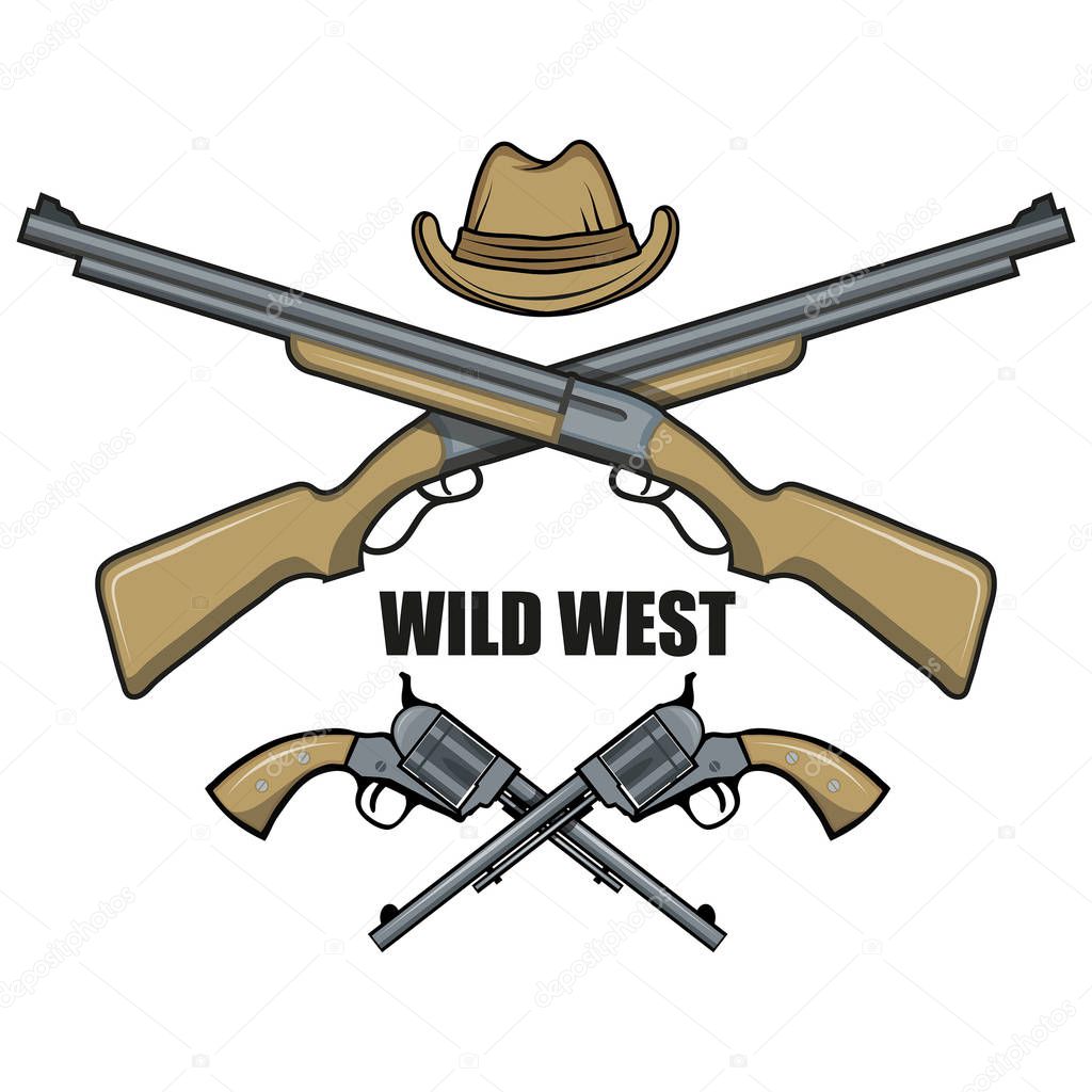 Hat and guns cowboy. Cartoon picture of the wild west. Cowboy Concept. Vector graphics to design