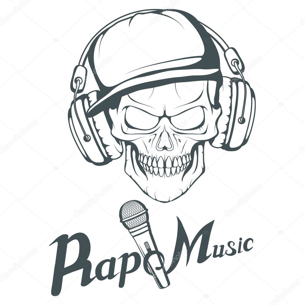 Rap music logo. Rapper skull on white background. Lettering with a microphone. Vector graphics to design