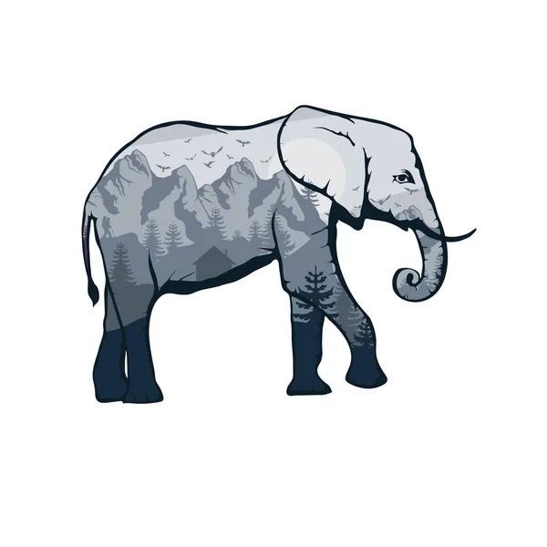 Elefante Doble Exposición Vida Silvestre Para Diseño Gráficos Vectoriales Para — Vector de stock