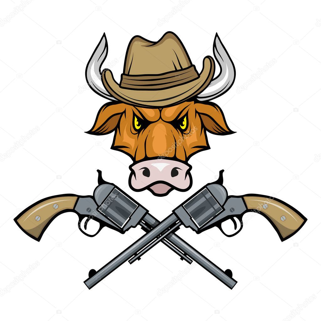 images of a bull in a cowboy hat and guns. Cartoon picture of the wild west. Cowboy Concept. Vector graphics to design