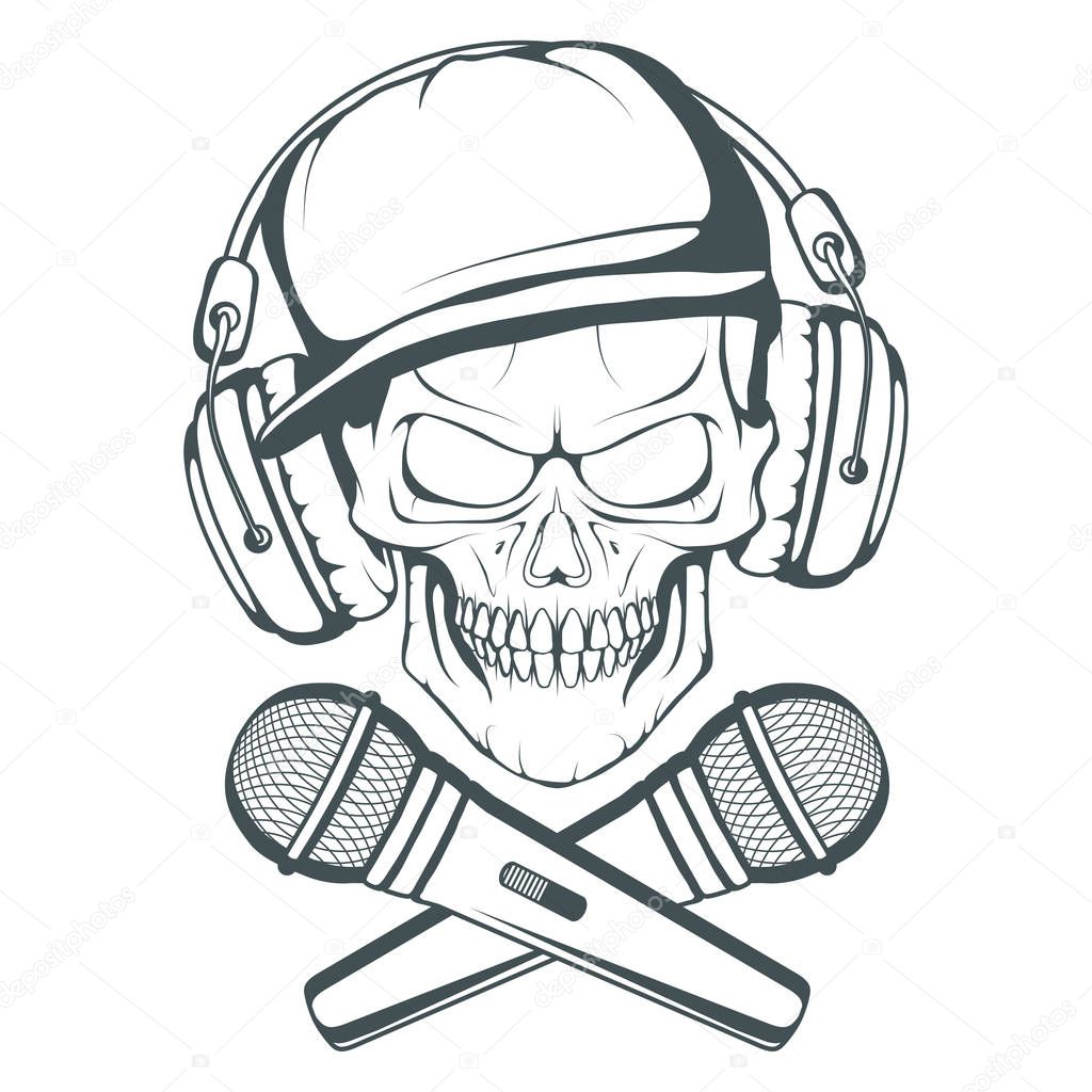 Rap music logo. Rapper skull on white background. Lettering with microphone.Vector illustration
