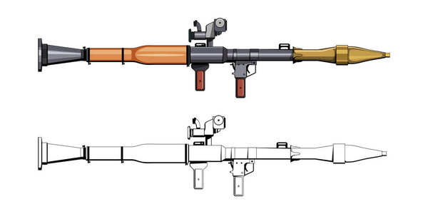 Rocket Propelled Grenade. RPG. Firearms. Colorful image Set. RPG Anti-tank rocket launcher. Sniper scope rifle. Firearms in combat. Assault Gun Wireframe. Machine guns. Vector graphics to design