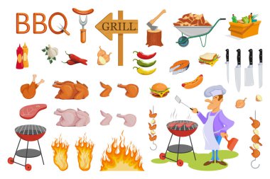 Barbekü ve ızgara seti. Genç, neşeli bir adam açık havada ızgarada biftek pişiriyor. Barbekü seti ve barbekü partisi için farklı aletler. Sebze, tavuk, biftek ve ızgarada pişen balık..