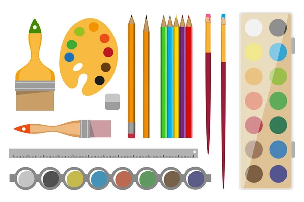 Konst förnödenheter. Färgverktygssamling - suddgummi, färg, palett, penna, pensel, linjal. Konstnärsmaterial. Pappersvaror och ritverktyg. Ritning av kreativt material för verkstadsdesign. — Stock vektor