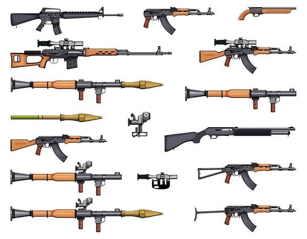 Armas prontas. Espingarda Kalashnikov. Arma pronta. RPG. Arsenal preparado. Espingarda de precisão. Armas de fogo. Espingardas de assalto. Arma para legítima defesa. Espingardas. Metralhadora. Espingarda. Espingardas de atirador. Armas para jogos . — Vetor de Stock