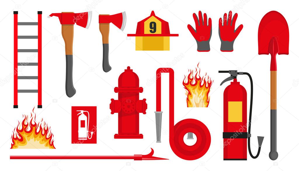Set of firefighting items. Fire protection equipment. Fireman equipment. Equipment for firefighter. Profession Firefighter. Firehose hydrant, fire extinguisher, shovel, ax, helmet, gloves, ladder.