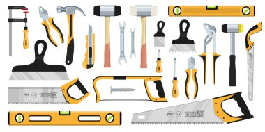 Hand tools. Working tools. Home repair. Construction tools for home renovation. Construction and carpentry. Working tool hammer, ax, ruler, file, hand saw hatchet, spanner. Construction and carpentry.