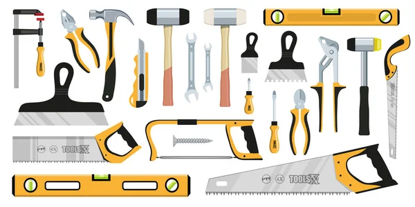 Εργαλεία χειρός. Εργαλεία εργασίας. Επισκευή. Κατασκευαστικά εργαλεία για ανακαίνιση σπιτιού. Κατασκευή και ξυλουργική. Σφυρί εργαλείων εργασίας, τσεκούρι, χάρακας, αρχείο, τσεκούρι πριονιού, κλειδί. Κατασκευή και ξυλουργική. — Διανυσματικό Αρχείο