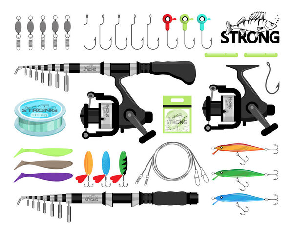 Рыбалка. Род кружится. Рыболовное оборудование. Рыболовные инструменты и крючок. Комплект снастей, рыба, стержень, спорт, снаряжение, приманка. Рыболовные эмблемы, этикетки и логотипы. Активный отдых на природе
.